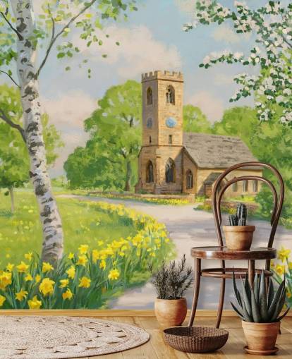 carta da parati murale colorata con campagna chiamata Church in Spring di Daniel Rodgers