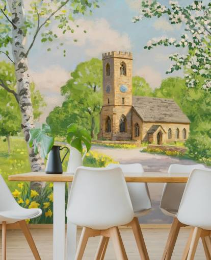 farverigt landskabstapet vægmaleri kaldet Church in Spring af Daniel Rodgers