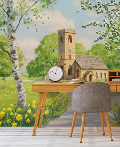 farbenfrohe Landschaftstapete mit dem Titel Church in Spring von Daniel Rodgers