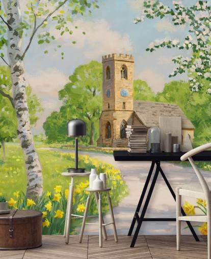 kleurrijke landelijke muurschildering genaamd Church in Spring van Daniel Rodgers