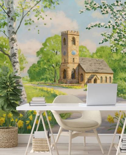 colorful countryside wallpaper mural called Church in Spring by Daniel Rodgers