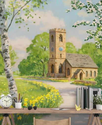 mural colorido de papel pintado campestre llamado Iglesia en primavera de Daniel Rodgers