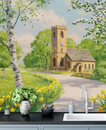 mural colorido de papel de parede rural chamado Church in Spring, de Daniel Rodgers