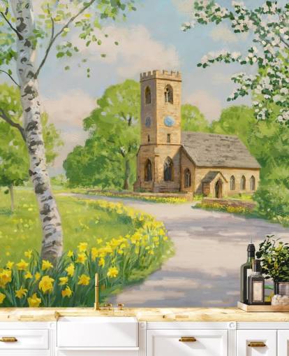 mural colorido de papel de parede rural chamado Church in Spring, de Daniel Rodgers