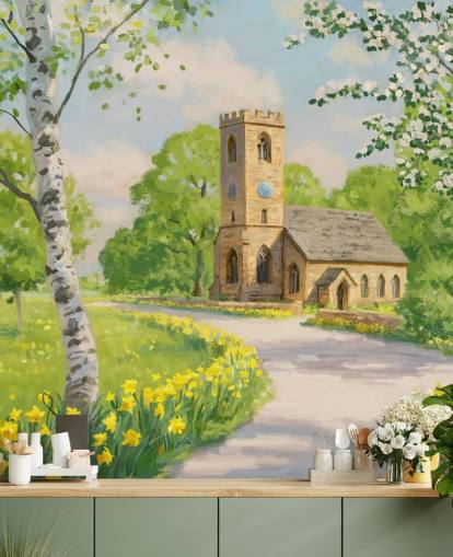 colorful countryside wallpaper mural called Church in Spring by Daniel Rodgers