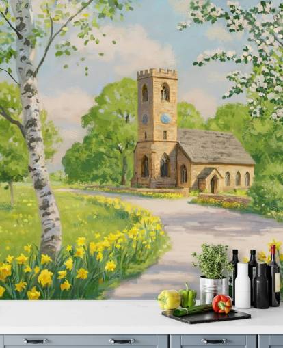 mural colorido de papel pintado campestre llamado Iglesia en primavera de Daniel Rodgers