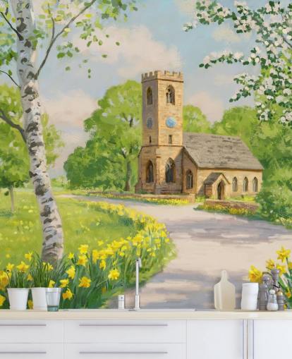 colorful countryside wallpaper mural called Church in Spring by Daniel Rodgers