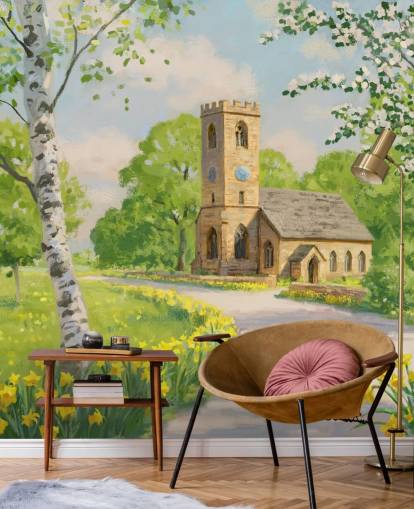 colorful countryside wallpaper mural called Church in Spring by Daniel Rodgers