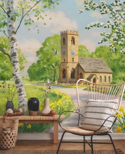 mural colorido de papel pintado campestre llamado Iglesia en primavera de Daniel Rodgers mural colorido de papel pintado campestre llamado Iglesia en primavera de Daniel Rodgers