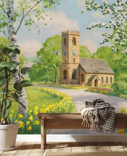 mural colorido de papel pintado campestre llamado Iglesia en primavera de Daniel Rodgers