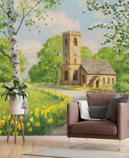 mural colorido de papel pintado campestre llamado Iglesia en primavera de Daniel Rodgers mural colorido de papel pintado campestre llamado Iglesia en primavera de Daniel Rodgers