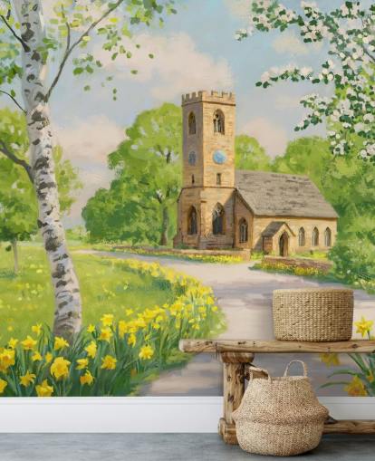 mural colorido de papel pintado campestre llamado Iglesia en primavera de Daniel Rodgers