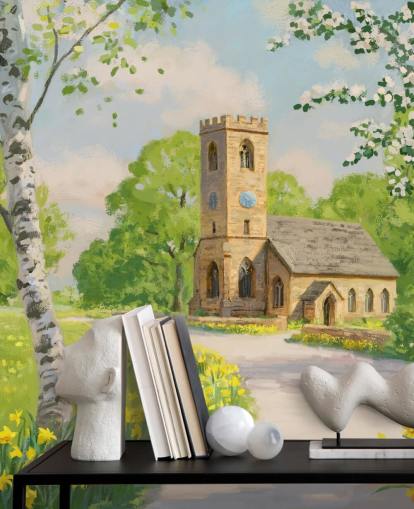 colourful countryside wallpaper mural called Church in Spring by Daniel Rodgers