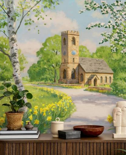 colorful countryside wallpaper mural called Church in Spring by Daniel Rodgers