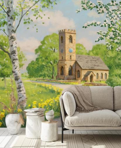 mural colorido de papel pintado campestre llamado Iglesia en primavera de Daniel Rodgers