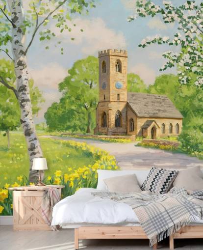 farbenfrohe Landschaftstapete mit dem Titel Church in Spring von Daniel Rodgers