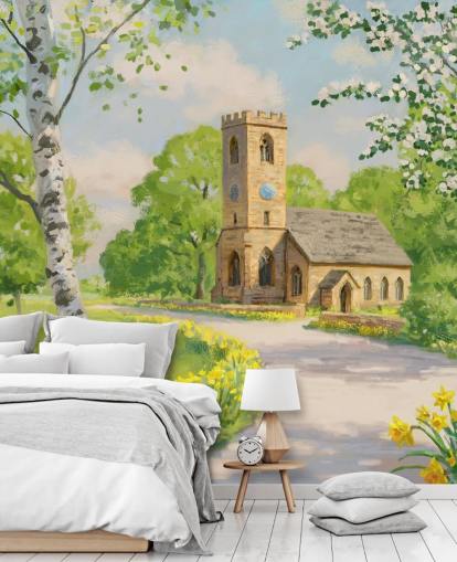 fargerikt veggmaleri på landsbygda kalt Church in Spring av Daniel Rodgers