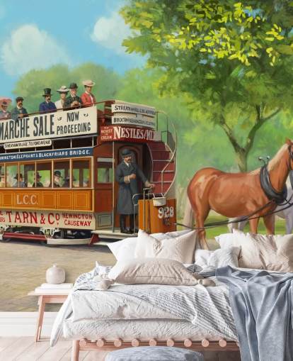 customizable bygone era wallpaper mural called Horse-Drawn Tram by Daniel Rodgers for care homes