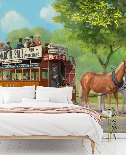 mural de papel pintado personalizable de una época pasada llamado Horse-Drawn Tram de Daniel Rodgers para residencias de ancianos