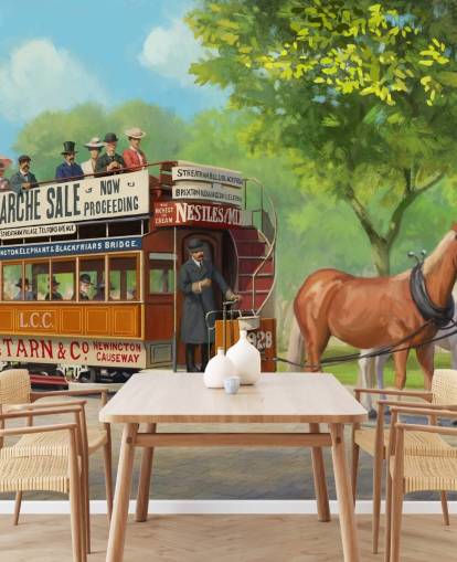 aanpasbare behangmuurschildering uit vervlogen tijden genaamd Horse-Drawn Tram van Daniel Rodgers voor verzorgingstehuizen