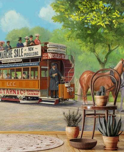 mural de papel de parede personalizável da era passada chamado Horse-Drawn Tram, de Daniel Rodgers, para casas de repouso