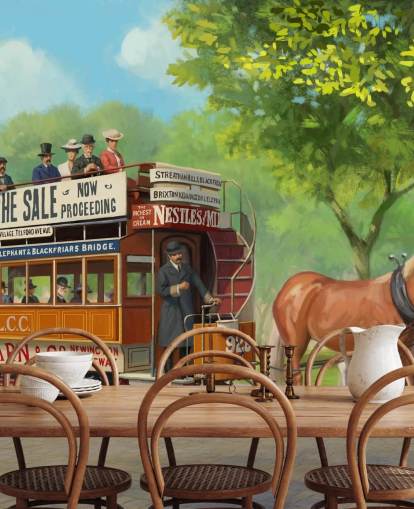 Daniel Rodgersin muokattava menneen aikakauden taustakuvamaalaus nimeltä Horse-Drawn Tram hoivakodeille