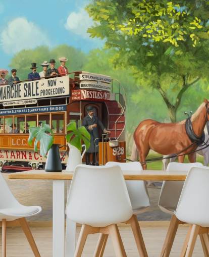 customisable bygone era wallpaper mural called Horse-Drawn Tram by Daniel Rodgers for care homes