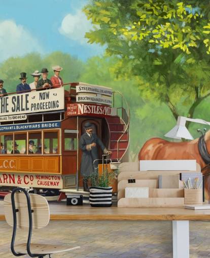 mural de papel pintado personalizable de una época pasada llamado Horse-Drawn Tram de Daniel Rodgers para residencias de ancianos