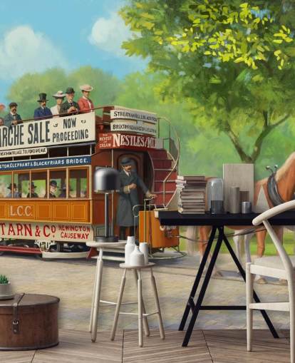 personalisierbares Tapeten-Wandbild aus vergangenen Zeiten namens Horse-Drawn Tram von Daniel Rodgers für Pflegeheime