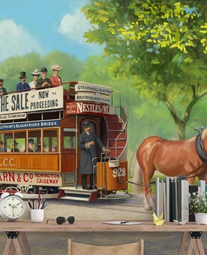 personalisierbares Tapeten-Wandbild aus vergangenen Zeiten namens Horse-Drawn Tram von Daniel Rodgers für Pflegeheime