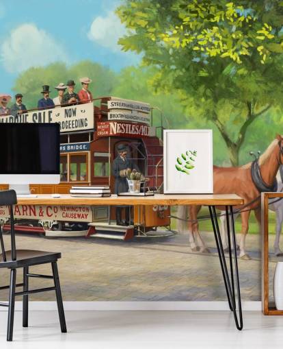 customizable bygone era wallpaper mural called Horse-Drawn Tram by Daniel Rodgers for care homes
