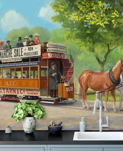 carta da parati murale personalizzabile di epoca passata chiamata Horse-Drawn Tram di Daniel Rodgers per case di cura