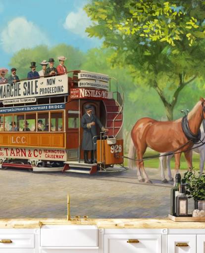 mural de papel pintado personalizable de una época pasada llamado Horse-Drawn Tram de Daniel Rodgers para residencias de ancianos
