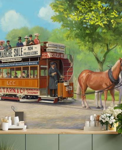 carta da parati murale personalizzabile di epoca passata chiamata Horse-Drawn Tram di Daniel Rodgers per case di cura