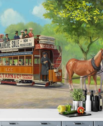 mural de papel pintado personalizable de una época pasada llamado Horse-Drawn Tram de Daniel Rodgers para residencias de ancianos