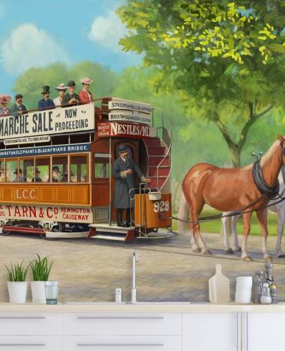 mural de papel pintado personalizable de una época pasada llamado Horse-Drawn Tram de Daniel Rodgers para residencias de ancianos