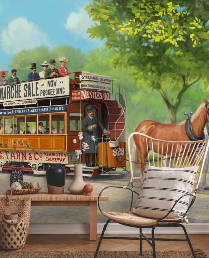 tilpassbart tapetmaleri fra svunnen tid kalt Horse-Drawn Tram av Daniel Rodgers for omsorgsboliger tilpassbart tapetmaleri fra svunnen tid kalt Horse-Drawn Tram av Daniel Rodgers for omsorgsboliger