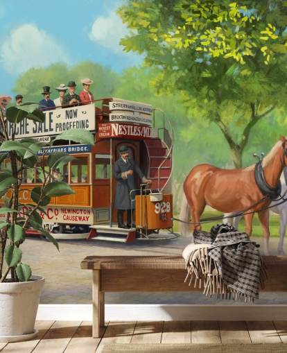 customizable bygone era wallpaper mural called Horse-Drawn Tram by Daniel Rodgers for care homes
