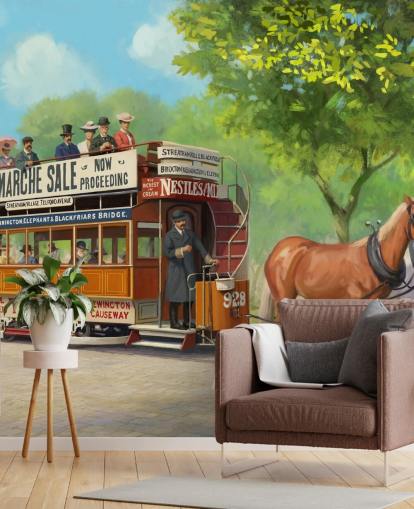 anpassningsbar tapetväggmålning från svunnen tid som heter Horse-Drawn Tram av Daniel Rodgers för vårdhem