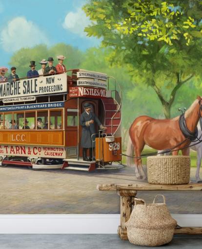 Daniel Rodgersin muokattava menneen aikakauden taustakuvamaalaus nimeltä Horse-Drawn Tram hoivakodeille Daniel Rodgersin muokattava menneen aikakauden taustakuvamaalaus nimeltä Horse-Drawn Tram hoivakodeille