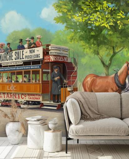 mural de papel pintado personalizable de una época pasada llamado Horse-Drawn Tram de Daniel Rodgers para residencias de ancianos