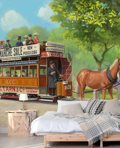 mural de papel pintado personalizable de una época pasada llamado Horse-Drawn Tram de Daniel Rodgers para residencias de ancianos