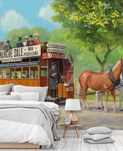 mural de papel pintado personalizable de una época pasada llamado Horse-Drawn Tram de Daniel Rodgers para residencias de ancianos