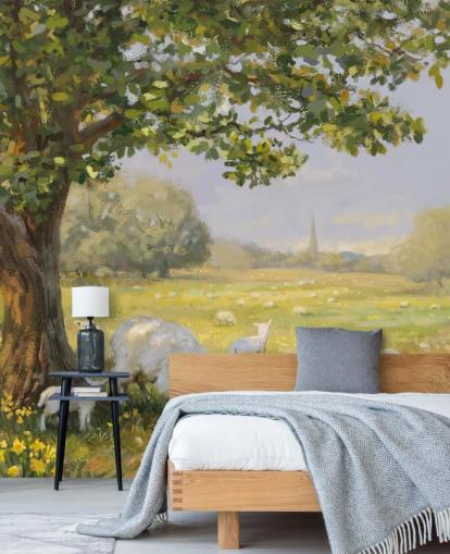 green and white countryside wallpaper mural called Spring Lambs by Daniel Rodgers for care homes