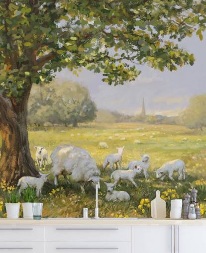 Grün-weiße Landschaftstapete namens Spring Lambs von Daniel Rodgers für Pflegeheime Grün-weiße Landschaftstapete namens Spring Lambs von Daniel Rodgers für Pflegeheime