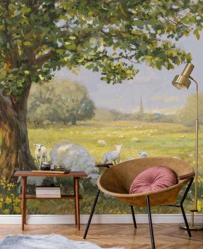 mural campestre verde y blanco llamado Spring Lambs de Daniel Rodgers para residencias de ancianos mural campestre verde y blanco llamado Spring Lambs de Daniel Rodgers para residencias de ancianos