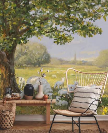 grønt og hvidt landskabstapetmaleri kaldet Spring Lambs af Daniel Rodgers til plejehjem grønt og hvidt landskabstapetmaleri kaldet Spring Lambs af Daniel Rodgers til plejehjem