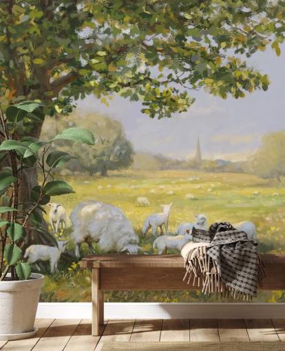 Grün-weiße Landschaftstapete namens Spring Lambs von Daniel Rodgers für Pflegeheime