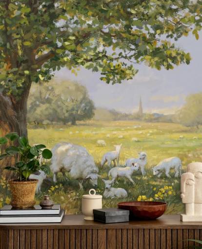 Grün-weiße Landschaftstapete namens Spring Lambs von Daniel Rodgers für Pflegeheime