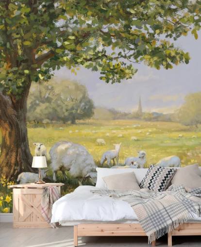 Grün-weiße Landschaftstapete namens Spring Lambs von Daniel Rodgers für Pflegeheime